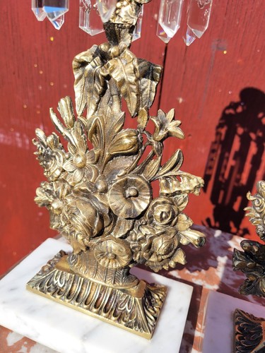 Victorian Girandole Candlesticks Marble Brass & Crystal - Picture 5 of 10