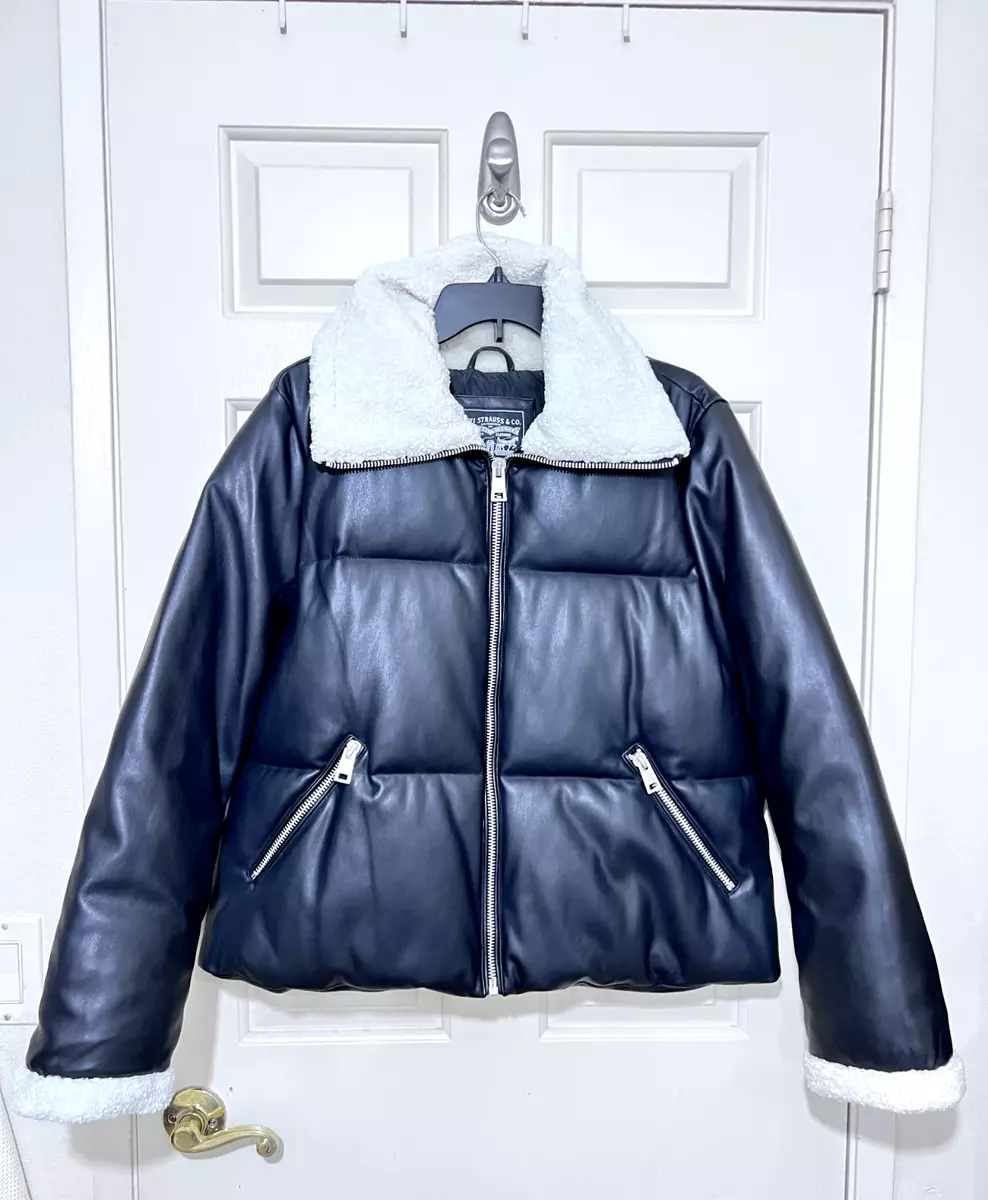 Levi s black faux leather Breanna puffer jacket coat sherpa lined