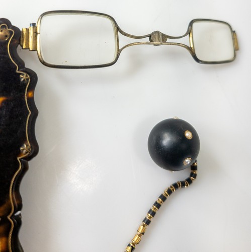 Antique Victorian French Black Enamel Gold Silver Faux Tortoise Lorgnette - Picture 8 of 8