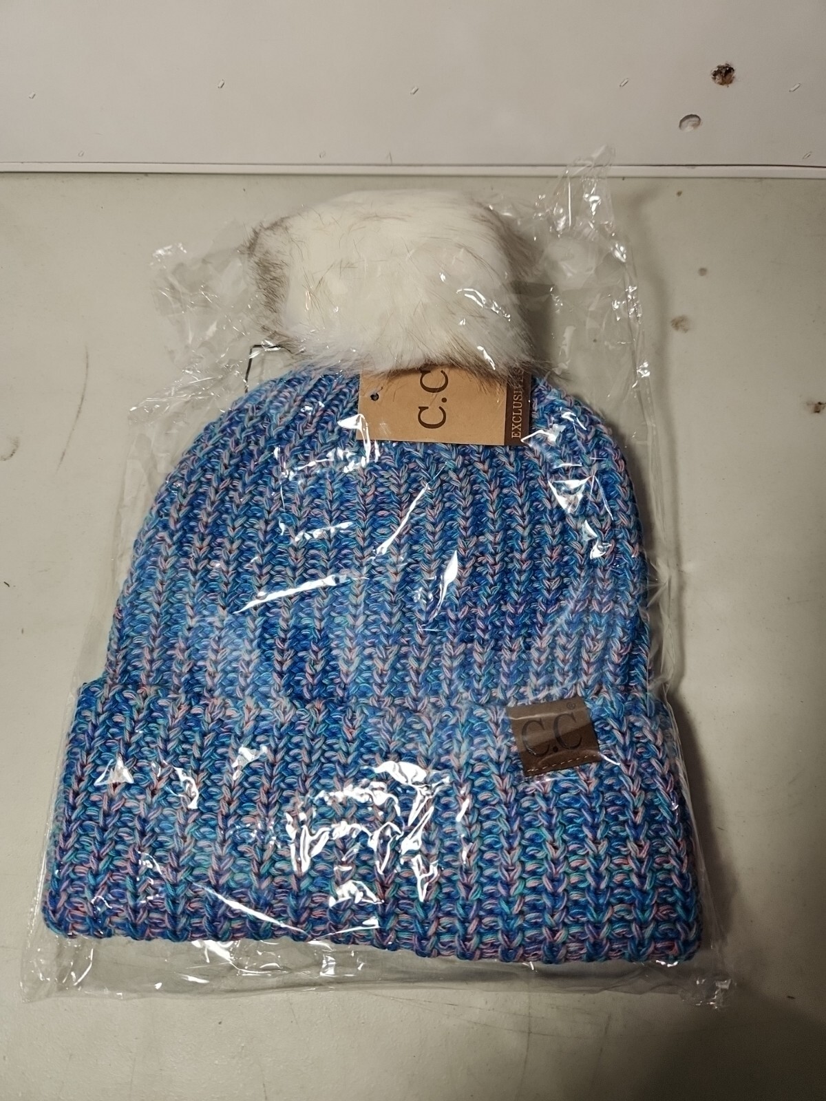 Thick Knit Faux Fur Pom Beanie Cap in C.C. Blue-image