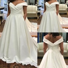 Elegant Wedding Dress With Pockets Satin Off Shoulder Sweep Train Bridal Gown