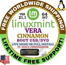 Linux MINT 21.1 USB VERA Cinnamon 64-Bit Live Boot, Full Install for MAC, PC