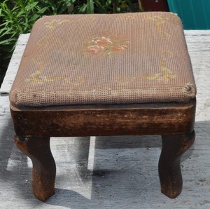 Antique Victorian Square Wood Floral Needlepoint Foot Stool