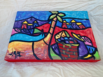 Juan Ramon Serrano Original Oil Painting 17.5'' X 12'' Stylized Tree Hills Houses