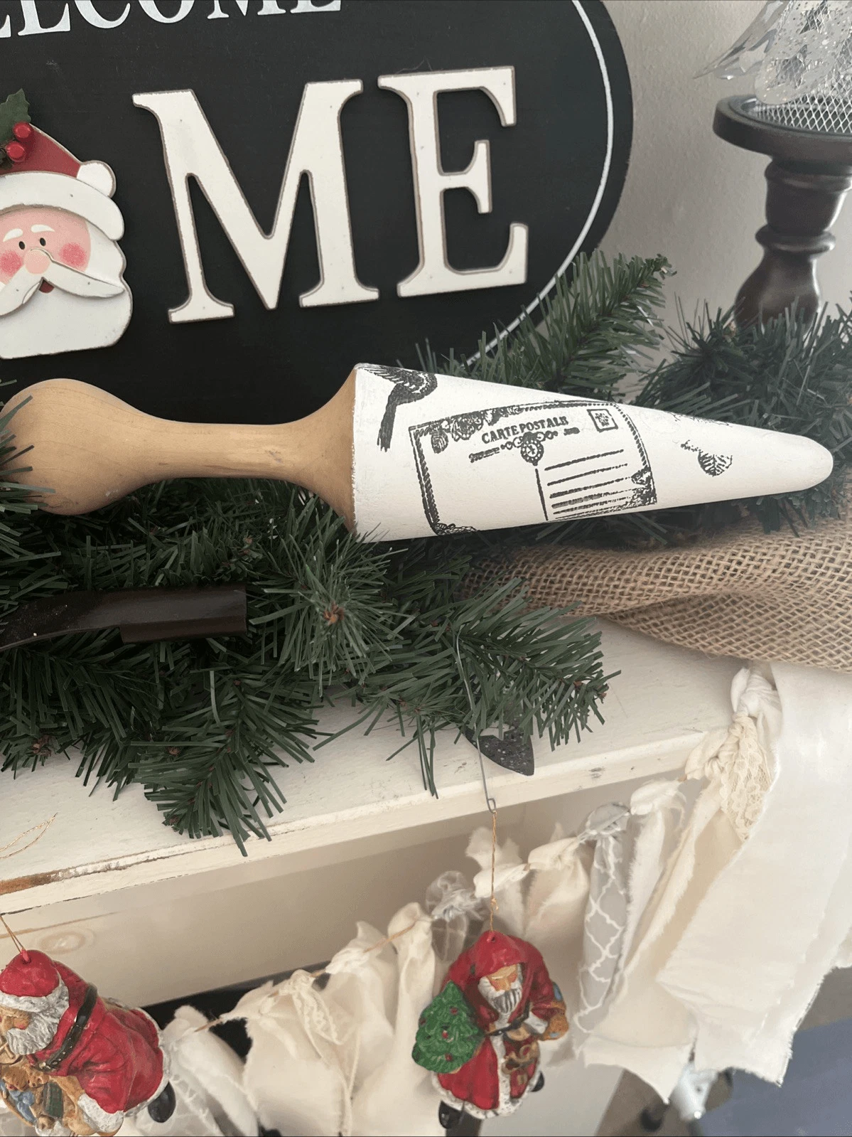 Up Cycled Alabaster Painted Black Stenciled Wooden Rolling Pin Farmhouse Decor