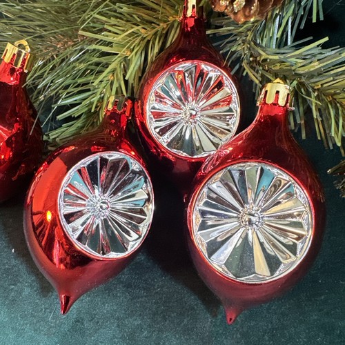 Indented Red Teardrop Glass Christmas Ornaments Set Of 6 - Picture 2 of 7