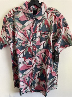 New RVCA Sport Designer Street Style Button Font Short Sleeve Shirt Size M