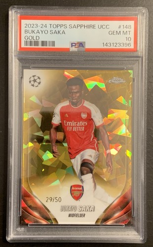 2023-24 Topps Chrome Sapphire UCC Bukayo Saka Gold Ice /50 PSA 10 Arsenal
