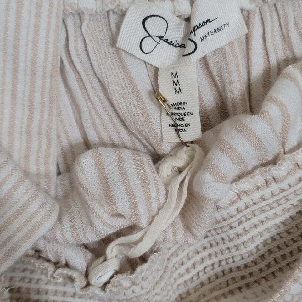 Jessica Simpson Maternity Top M Beige Striped Cold Shoulder Babydoll Y2K Neutral - Image 2 of 4