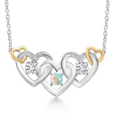925 Silver and 10K Yellow Gold White Opal and White Lab Grown Diamond Heart