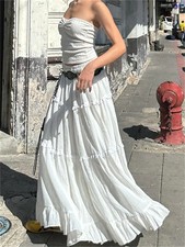 Fairycore Elegant White Flowy Hem Long Skirts Women Elastic Waist Ruffle Lace Tr