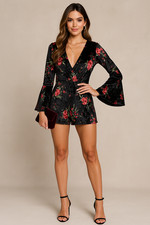Sadie and Sage Romper Women S Black Bell Sleeve Crushed Velvet Floral Boho Short