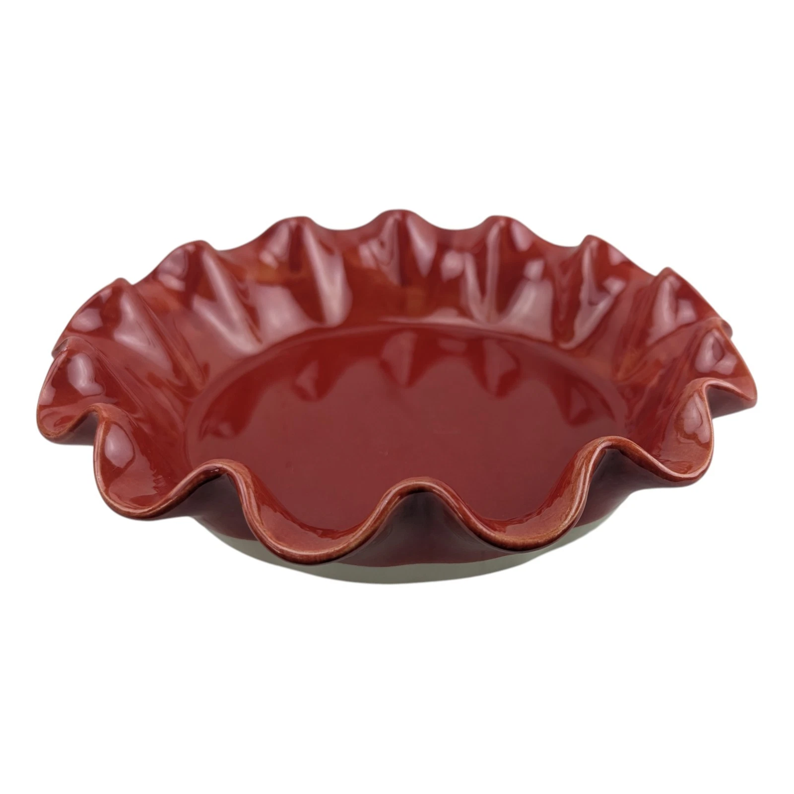 Emile Henry France 10-3/8" Red Tan Pie Plate Baking Dish Ruffled Edges