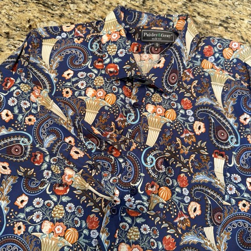 Paisley & Gray Herren XL Slim Fit Hemd Blau Paisley Blumen Knopf Langarm