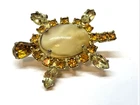 VINTAGE TURTLE RHINESTONE OVAL CABOCHON GOLD TONE PIN 1.5X1" FIGURAL