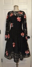 Sachin & Babi Noir Black Lace Floral Detail Midi Dress Long Sleeve Size 0