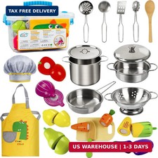 Play Kitchen Accessories, Wooden Play Food, Cooking Set with Stainless Steel Coo