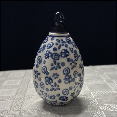 Ceramika Artystyczna Boleslawiec Blue Floral Egg Ornament 4'' Ceramic