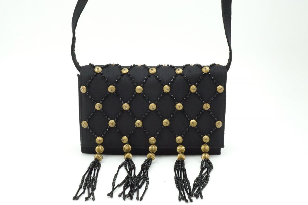 Gianni Versace Beaded Tassel Shoulder Bag Shantung Fabric Vintage Authentic