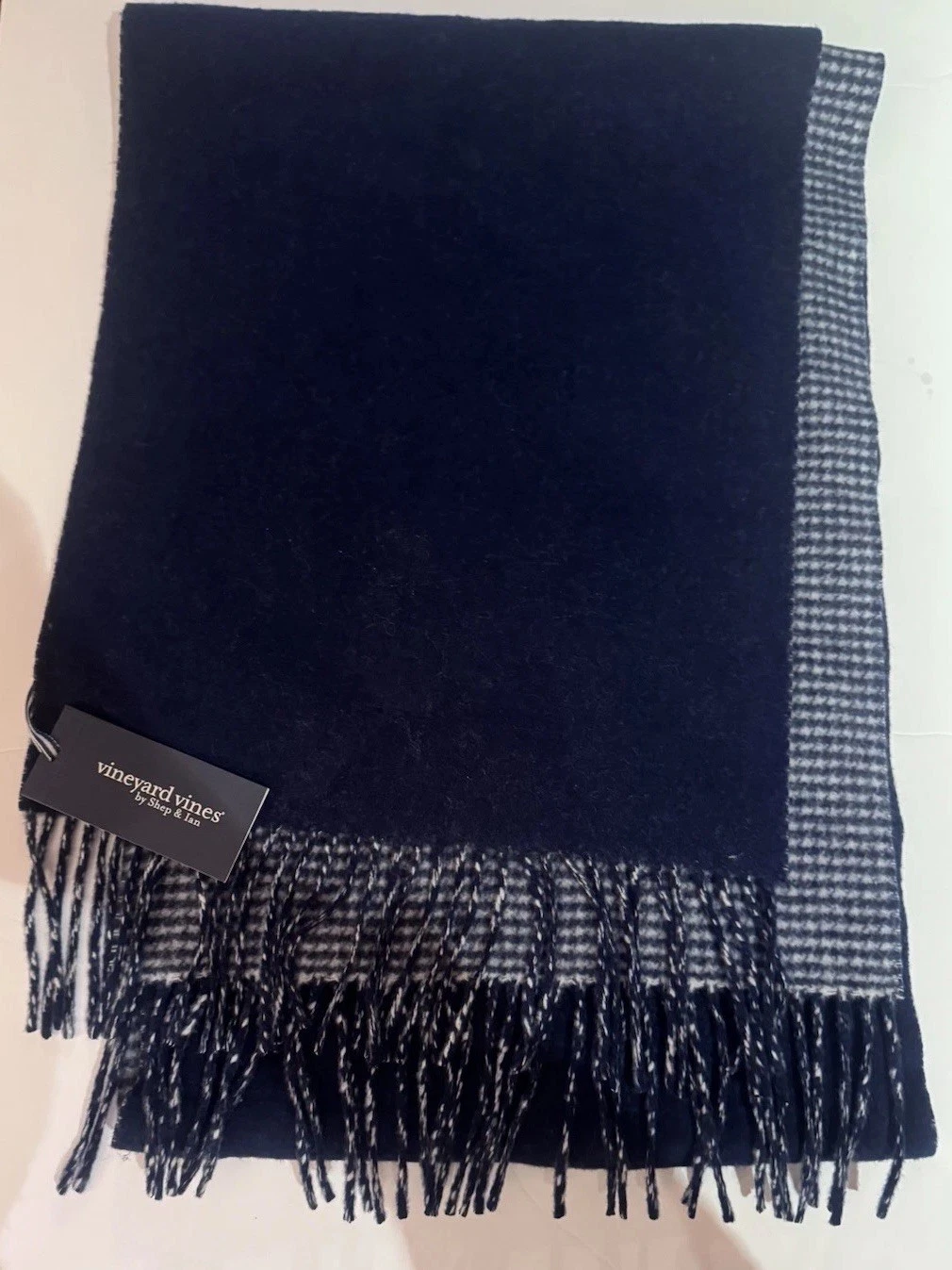 NWT Vineyard Vines Blue Gray Check Wool Cashmere Reversible Scarf Fringe Preppy