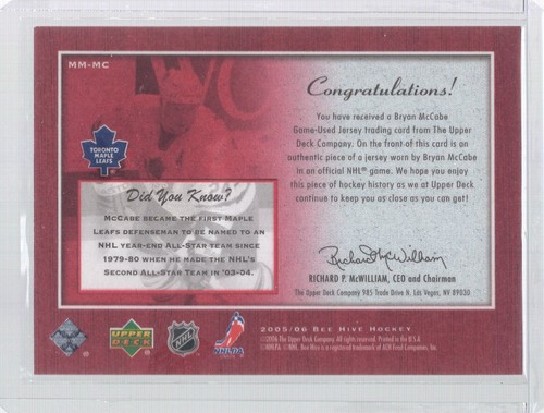 * 2005-06 UD Beehive - Matted Materials #MM-MC - BRYAN McCABE - Bild 2 von 2