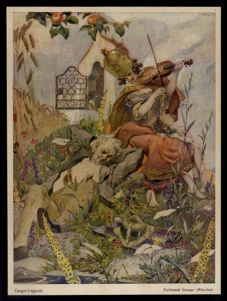 Seltener original Kunstdruck von 1916 Geiger-Legende von Ferdinand Staeger