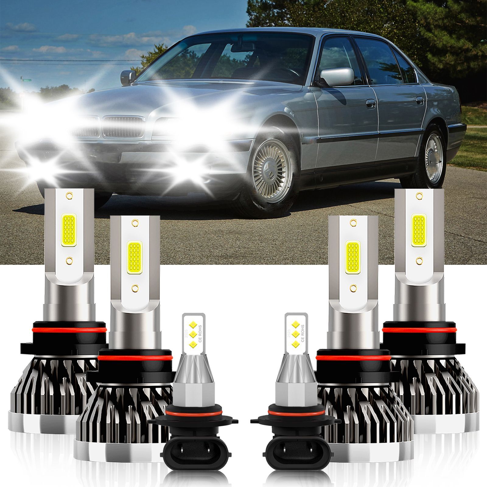 For BMW 750iL 1993-1994 LED Headlight High Low Beam+Fog Light Bulbs Combo Kit