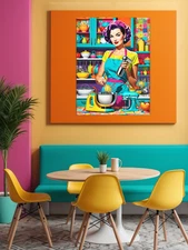 Pop Art Girl Cafe Interior Poster - Strong Housewife Woman Vertical Wall Art