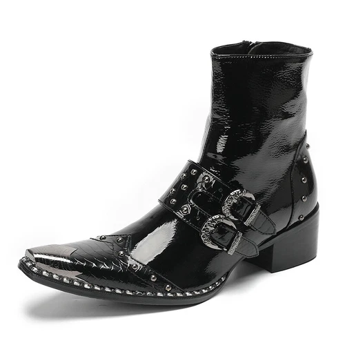 Men' S Black Leather Western Boots Motorcycle Boot Punk Rock Riveting Metal Toe - Bild 3 von 9