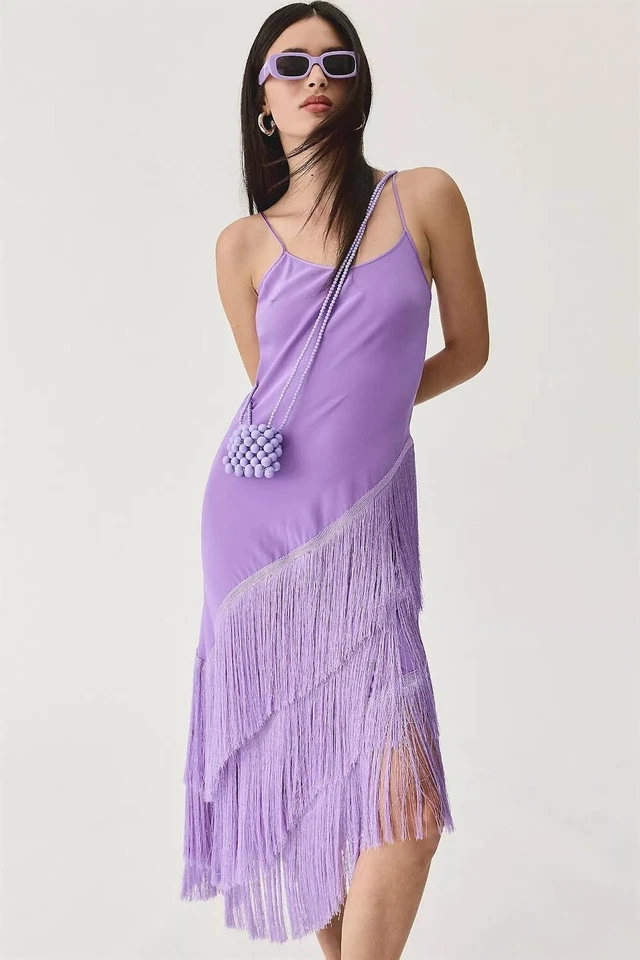 Anthropologie Delfi Collective Asym Fringed Silk Party Dress Purple XS NWT $475 - Image 2 of 4