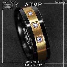 8mm Black Tungsten Ring Brushed Cubic Zirconia ATOP Men's Wedding Band