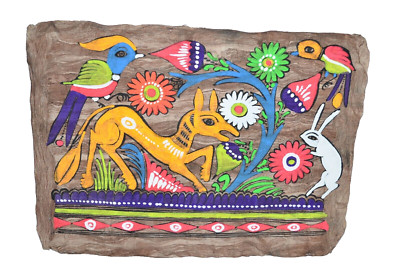 Vtg Mexican Folk Art Amate Bark Painting Bright Colors Flowers Fox Rabbit bunny