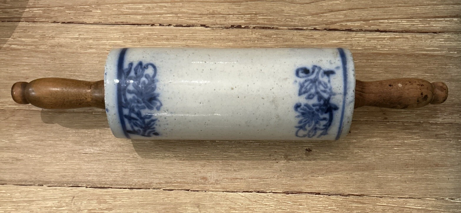 Antique Stoneware Rolling Pin BLUE Salt Glazed 15”