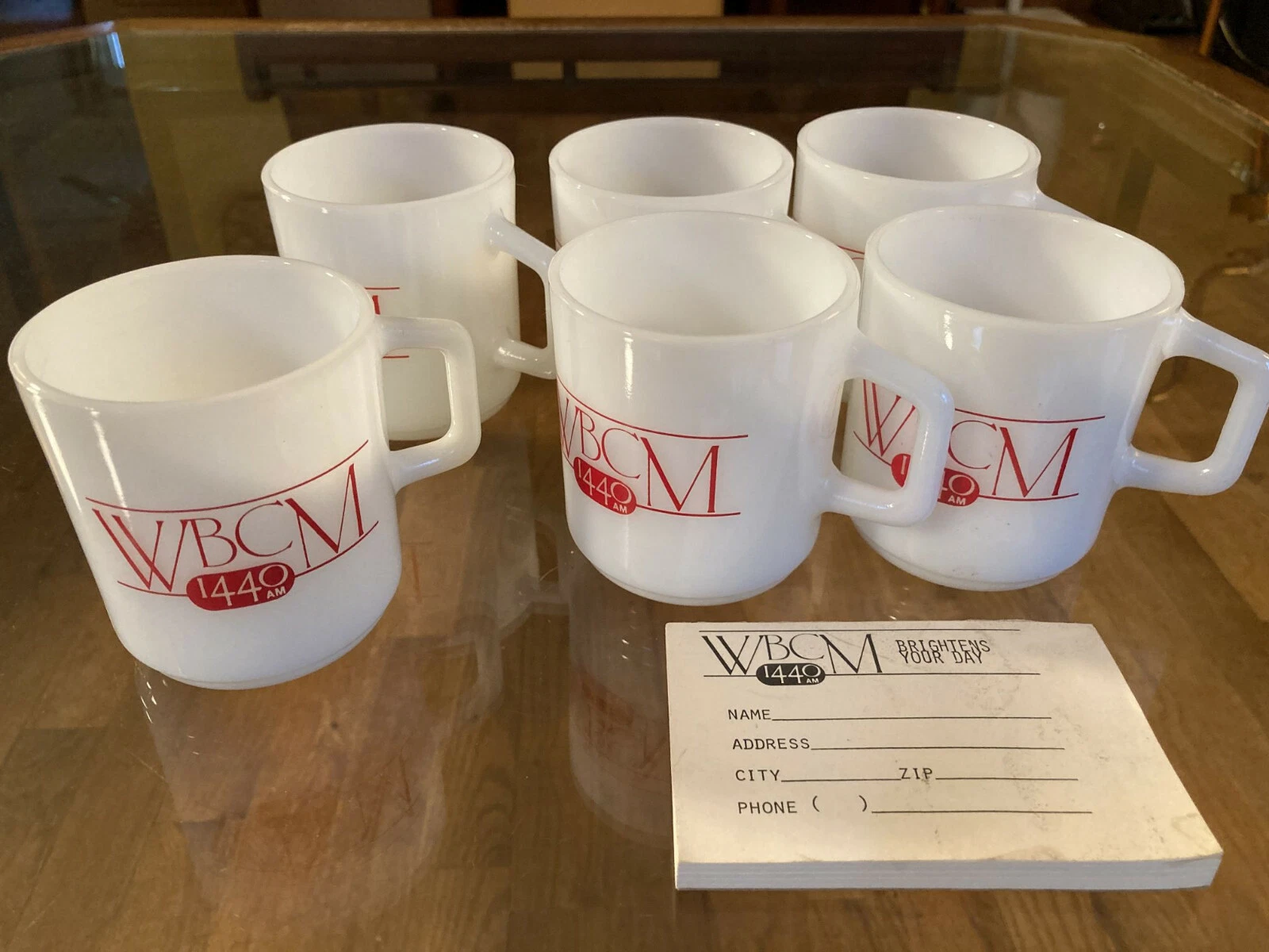Vintage Milk Glass Advertising Promo Mugs WBCM 1440 AM Galaxy Set of 6 1960s 70s