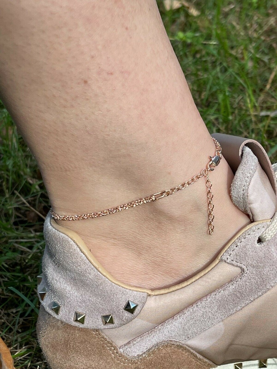 Ankle Bracelet 3mm Sparkle Rope Anklet 14k Rose Gold Plated 925