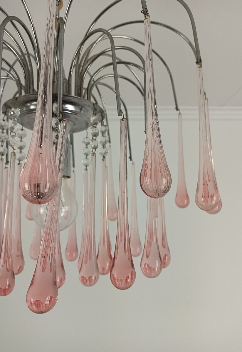 Murano Pink Art Glass Teardrop Prisms chandelier Italy 1