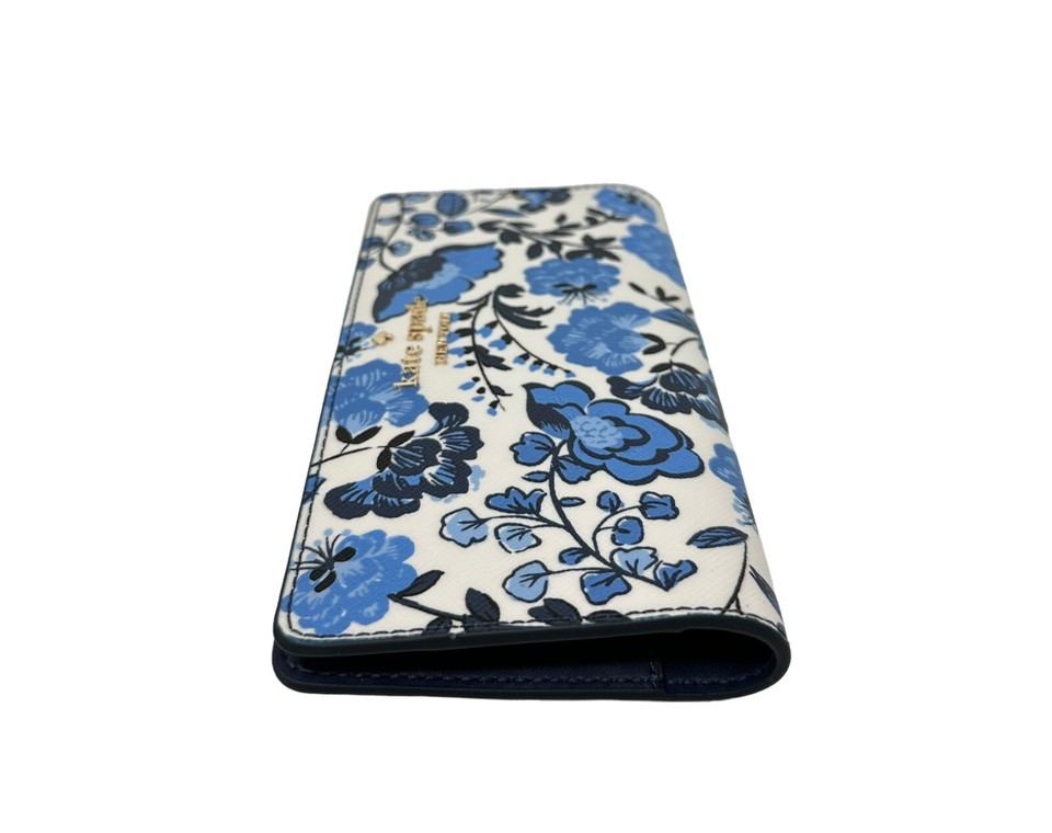 Kate Spade Madison Large Vase Floral Large Slim Bifold Blue Wallet