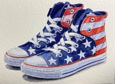 Watercolor Painting Sneakers Gumshoes American Flag Art No.160