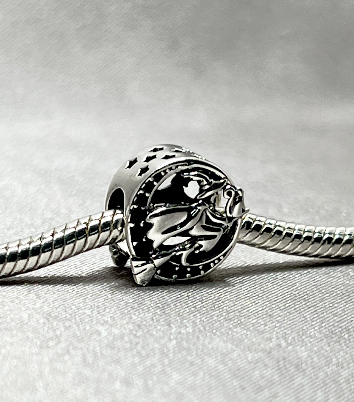 Witch On Broom Charm Bead Flying Halloween Cat Genuine 925 Sterling Silver Gift