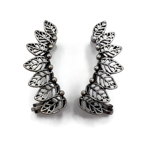 Gray Openwork Leaves Ear Climber / Crawler Clip Post Fashion Earrings