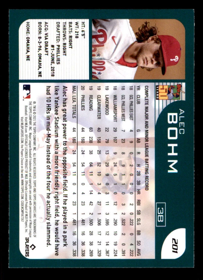 2021 Topps Archives #201 Alec Bohm RC (ref 235114) - Image 2 of 2