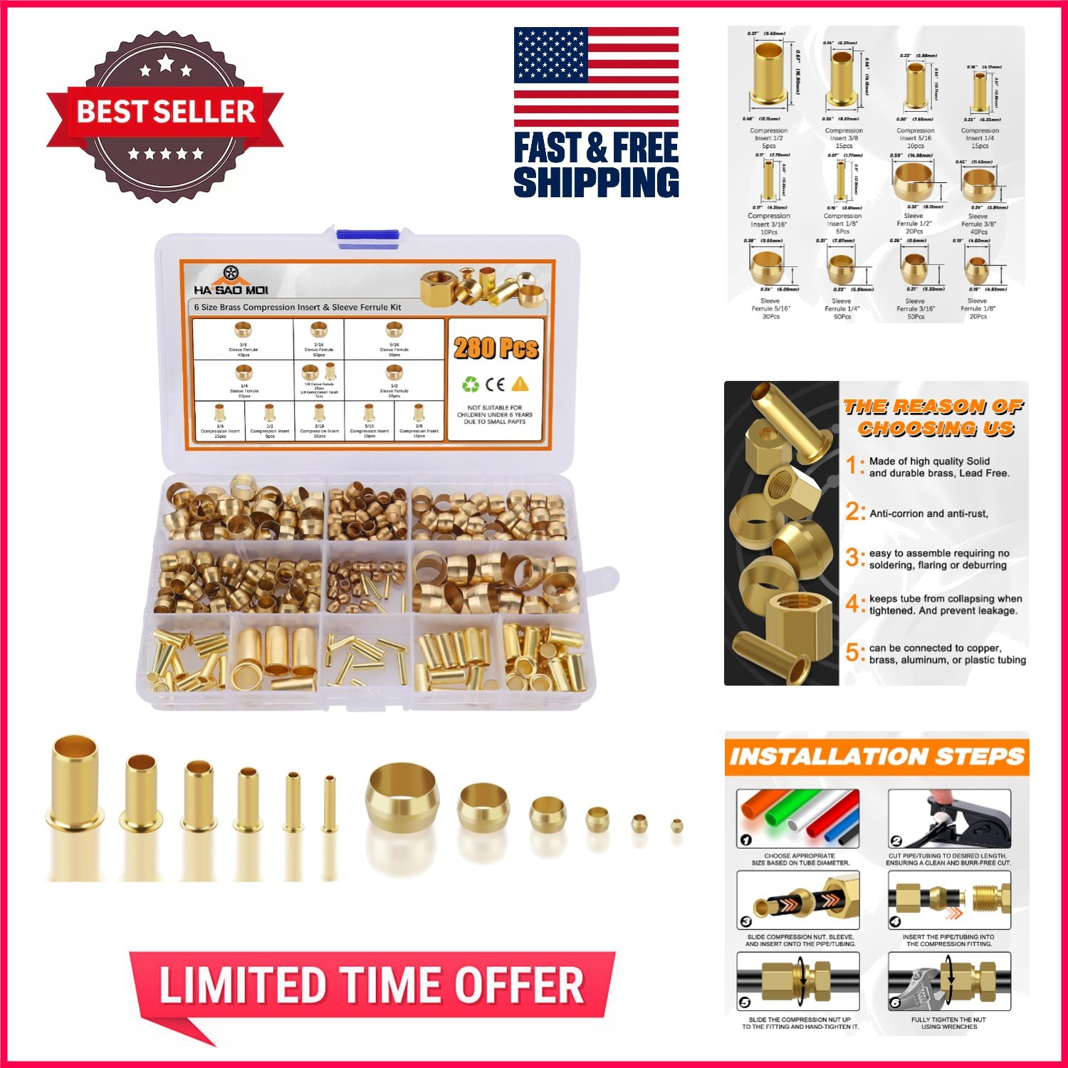 Versatile 280PCS Brass Compression Fitting Kit with 6 Sizes for All Applications