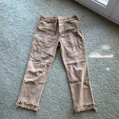 Free People Women s Beige Twill Cotton Cargo Pants Fringe Hem Size 28