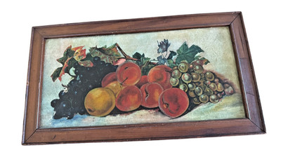 Early 20th Century Fruit Still Life Oil Painting on Canvas Primitive