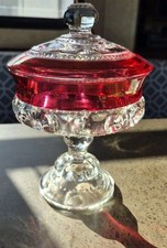 VTG Indiana Glass Kings Crown Thumbprint Cranberry Red Footed Candie Dish W/Lid