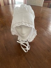 Handmade Bonnet One Size White with Crochet Lace Trim and Ribbon Tie