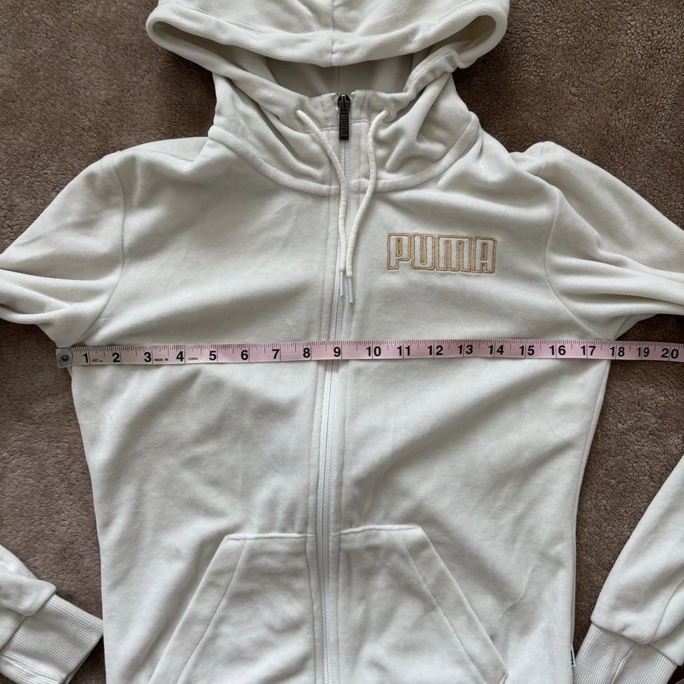 Puma Velour Tracksuit Hoodie And Joggers Womens Size XS Cream Gold Coords - Image 3 of 4