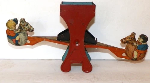 Vintage 1920s-30s J CHEIN Tin Litho See-Saw Sand Toy Funnel Beach Toy Sandbox