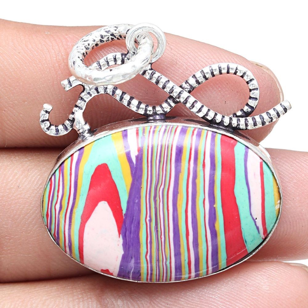 Rainbow Calsilica Gemstone Handmade Antique Necklace 1.75 Inch-image