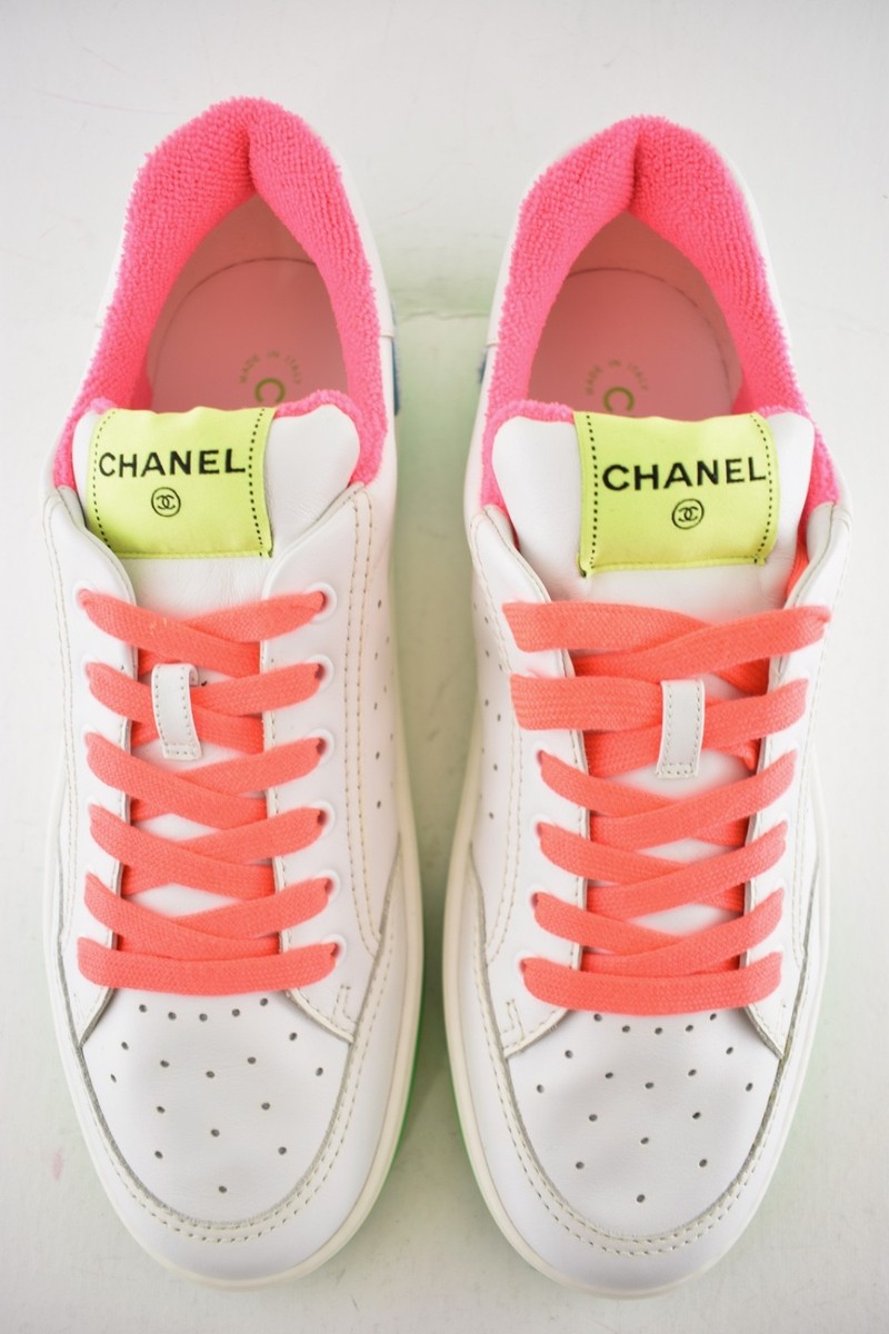 Chanel Mens 20P White Multicolor Neon CC Logo Flat Runner Trainer